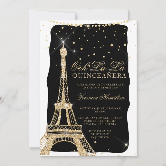 Eiffeltoren chique gouden glitter zwart quinceaner kaart (Voorkant)