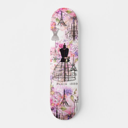 Eiffeltoren collage roze florale bloem Skateboard (Voorkant)