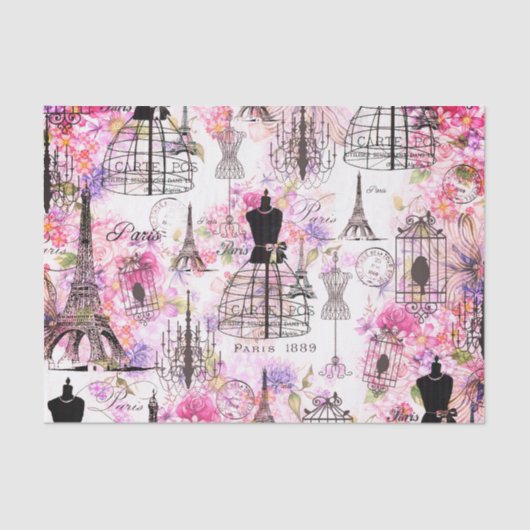  Eiffeltoren collage roze florale bloem Tissuepapier (Voorkant)