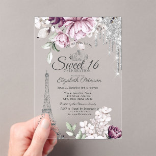 Eiffeltoren, Druppels, Sering Bloemen Sweet 16  Acryl Uitnodigingen