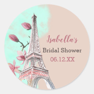 Eiffeltoren en magnolia bloemen Bruidsuitnodiging Ronde Sticker