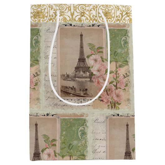 Eiffeltoren Floral Paris  Gold Script Medium Cadeauzakje (Voorkant)