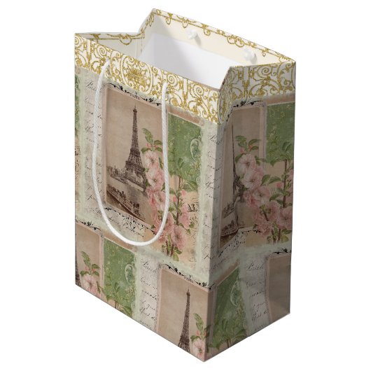 Eiffeltoren Floral Paris  Gold Script Medium Cadeauzakje (Achterkant Gekanteld)