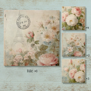 Eiffeltoren Franse Vintage Bloemen Roze Decoupage Tegeltje