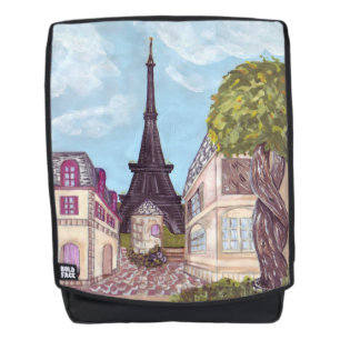 Eiffeltoren geïnspireerd landschap met boomrugzak rugtassen