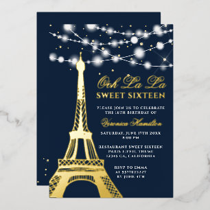 Eiffeltoren gouden glitter licht blauw Sweet 16 Folie Uitnodiging