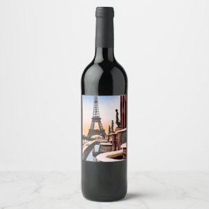 Eiffeltoren  handgekleurde Franse vino Wijn Etiket