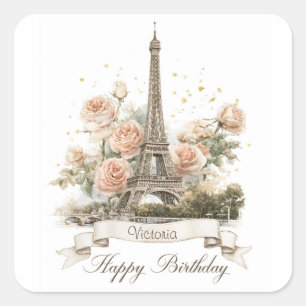 Eiffeltoren "Happy Birthday" met aangepaste naam Vierkante Sticker