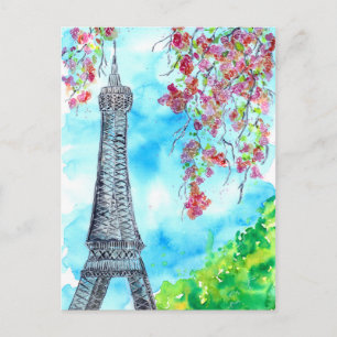 Eiffeltoren in de Waterverf van het voorjaar Briefkaart