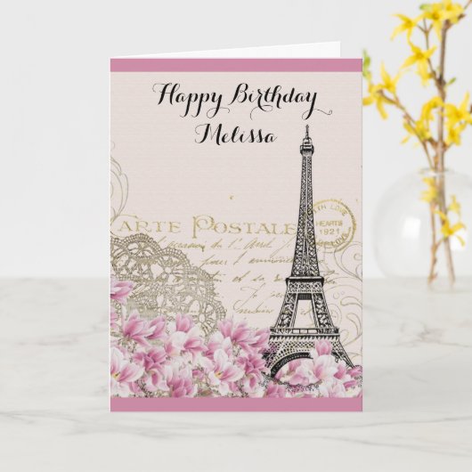  Eiffeltoren met roze bloemen van zaterdag Kaart (Gele Bloem)
