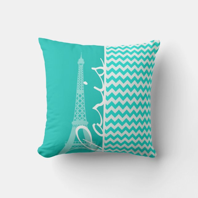 Eiffeltoren op Aqua Color Chevron Kussen (Voorkant)