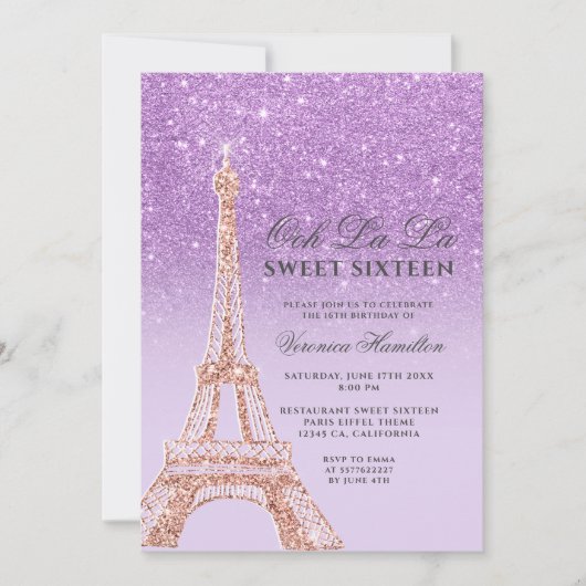 Eiffeltoren paarse glitter lavender Sweet 16 Kaart (Voorkant)