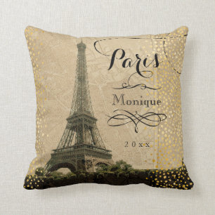 Eiffeltoren Parijs Beige Nep Goud Monogram Naam Kussen