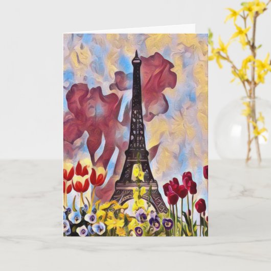 Eiffeltoren, Parijs Iris, Tulpen Lente Bloemen Kaart (Gele Bloem)