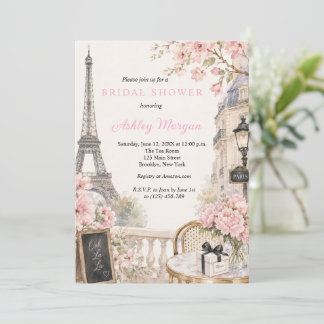 Eiffeltoren Parijs Roze Bloemen Bruidsuitnodiging Kaart