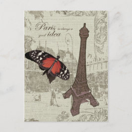 Eiffeltoren, parijse straat en vlinder briefkaart