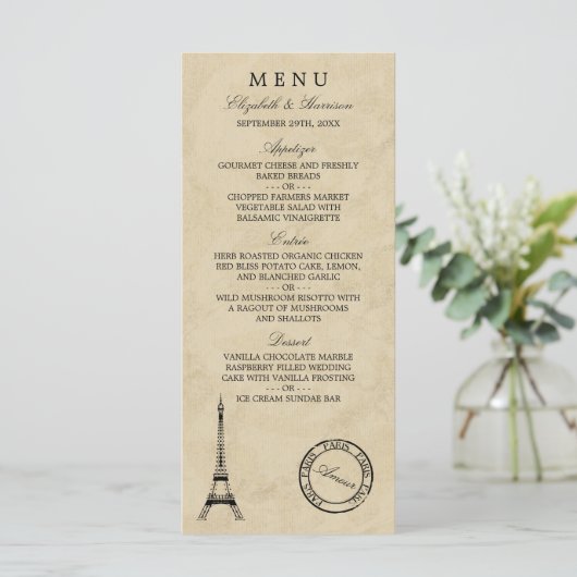 Eiffeltoren Paris Postmark Bruiloft Menu (Staand voorkant)