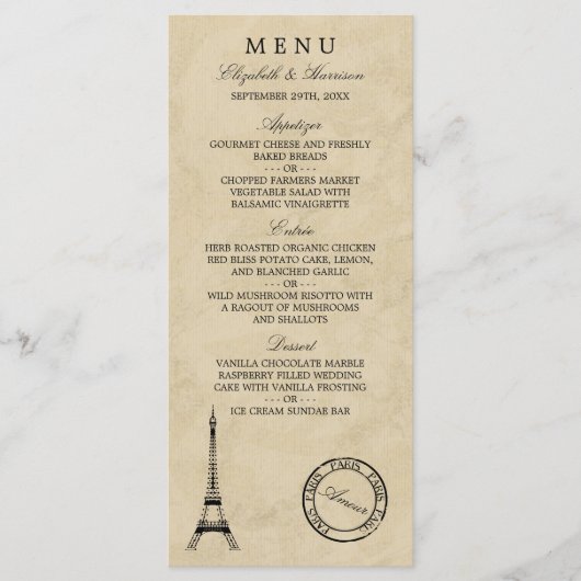 Eiffeltoren Paris Postmark Bruiloft Menu (Voorkant)