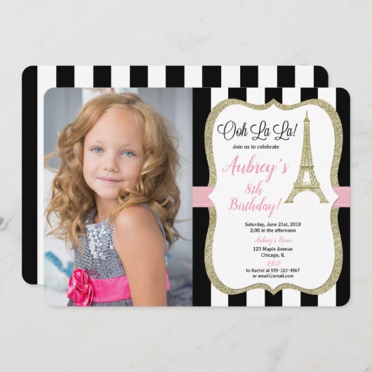 Eiffeltoren paris verjaardagsfoto roze goud zwart kaart (Voorkant / Achterkant)