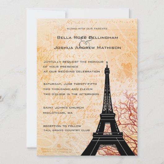 Eiffeltoren Peach bruiloft uitnodiging (Voorkant)
