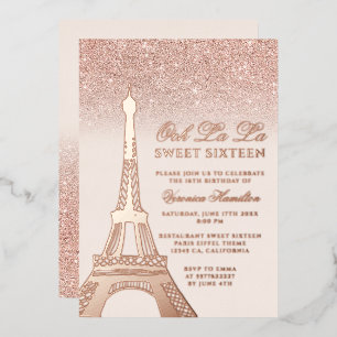Eiffeltoren roos goud glitter roze Sweet 16 Folie Uitnodiging