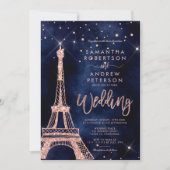 Eiffeltoren roos gouden glitter marineblauw bruilo kaart (Voorkant)