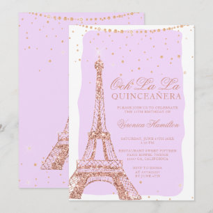 Eiffeltoren roos goudglitter paarse quinceanera kaart