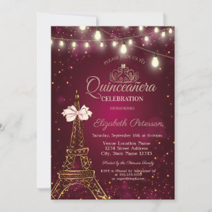 Eiffeltoren,Strik,Tiara Lichtjes Rode Quinceañera Kaart