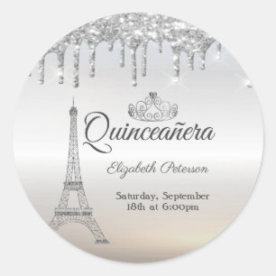 Eiffeltoren, Tiara, Drip Zilver Quinceañera Ronde Sticker