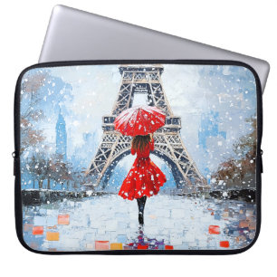 Eiffeltoren van Parijs Winterromantiek Rode Parapl Laptop Sleeve