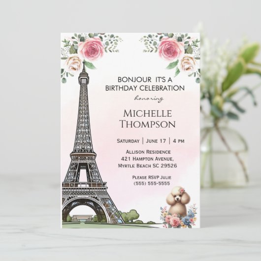 Eiffeltoren Verjaardag Parijs Frankrijk Bloemen Kaart (Staand voorkant)