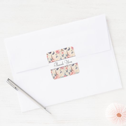 Eiffeltoren vlinder en Rozen Patroon Dank u Vierkante Sticker (Envelop)