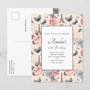 Eiffeltoren Vlinder en Rozen Patroon Verjaardag Briefkaart
