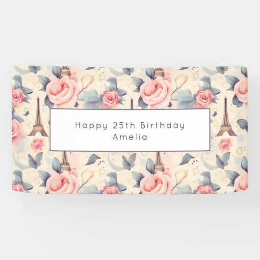 Eiffeltoren Vlinder en Rozen Patroon Verjaardag Spandoek (Horizontaal)