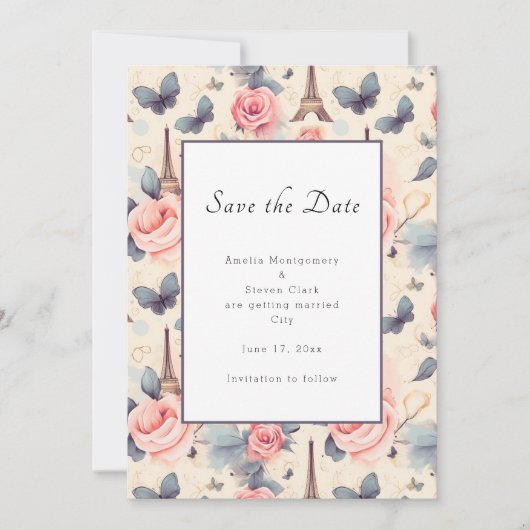 Eiffeltoren vlinder en Rozen patroonbruiloft Save The Date (Voorkant)