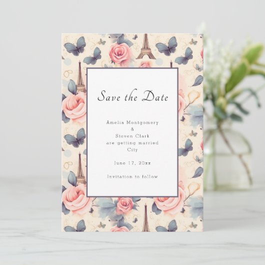 Eiffeltoren vlinder en Rozen patroonbruiloft Save The Date (Staand voorkant)