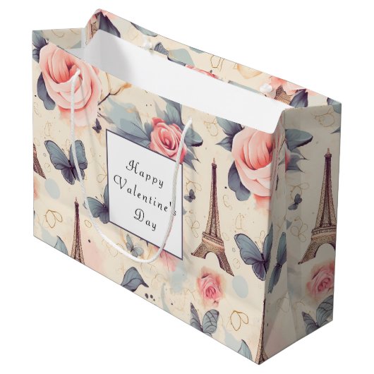 Eiffeltoren vlinder en Rozen Valentijnsdag Groot Cadeauzakje (Voorkant Gekanteld)