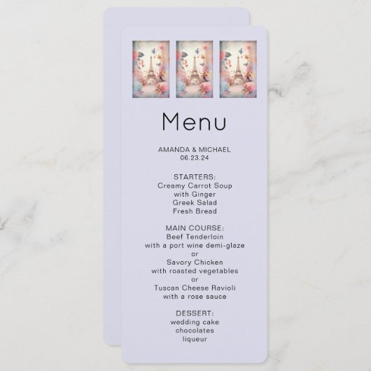 Eiffeltoren Vlinders en Bloemen Menu Kaart (Voorkant / Achterkant)