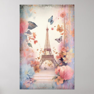 Eiffeltoren Vlinders en Bloemen Poster