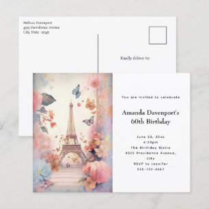 Eiffeltoren Vlinders en Bloemen Verjaardag Uitnodiging Briefkaart