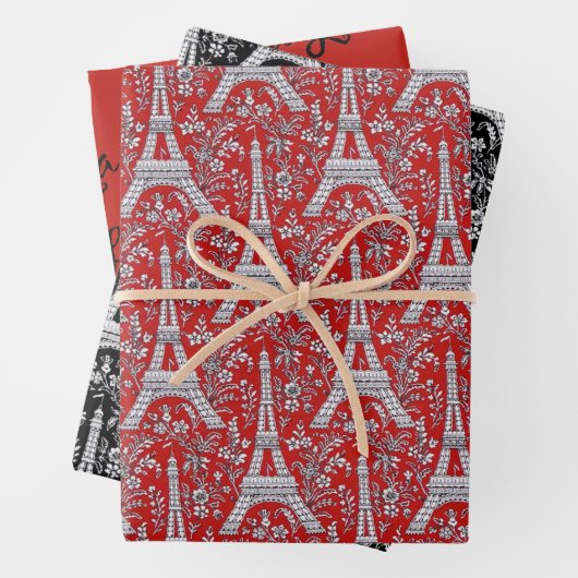 Eiffeltorens en bloemen rood en zwart inpakpapier vel (In situ)