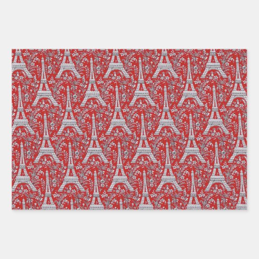 Eiffeltorens en bloemen rood inpakpapier vel (Voorkant 3)