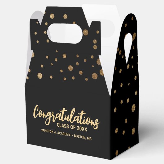 Eigen afstuderen met felicitaties, zwart goud bedankdoosjes (Geopend)