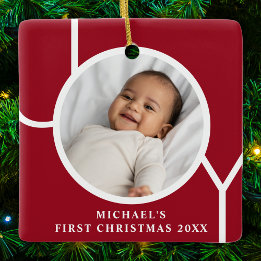 Eigen babyjongen's eerste kerstfoto Rood Keramisch Ornament
