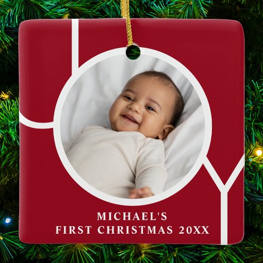 Eigen babyjongen's eerste kerstfoto Rood Keramisch Ornament