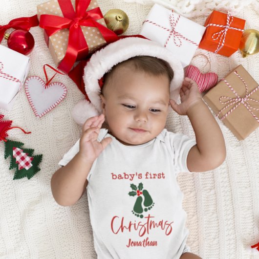 Eigen baby's eerste kerstvoetafdruk Holly Red Romper