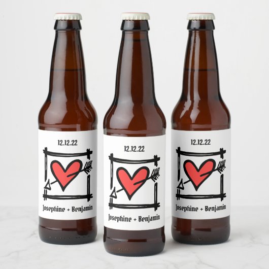 Eigen bruiloft Liefde Heart Black & Red Bottle Lab Bier Etiket (Flessen)