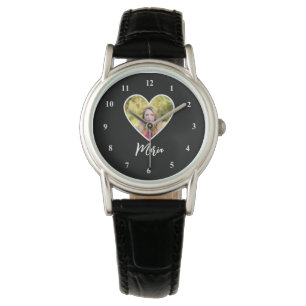 Eigen foto in Black Heart Lijst Moderne kalligrafi Horloge
