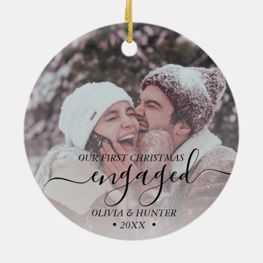 Eigen foto met eerste Kerstmis, zwart script Keramisch Ornament (Achterkant)