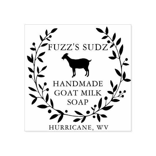 Eigen geitenmelk, leder 	rubberstempel (Afrduk)